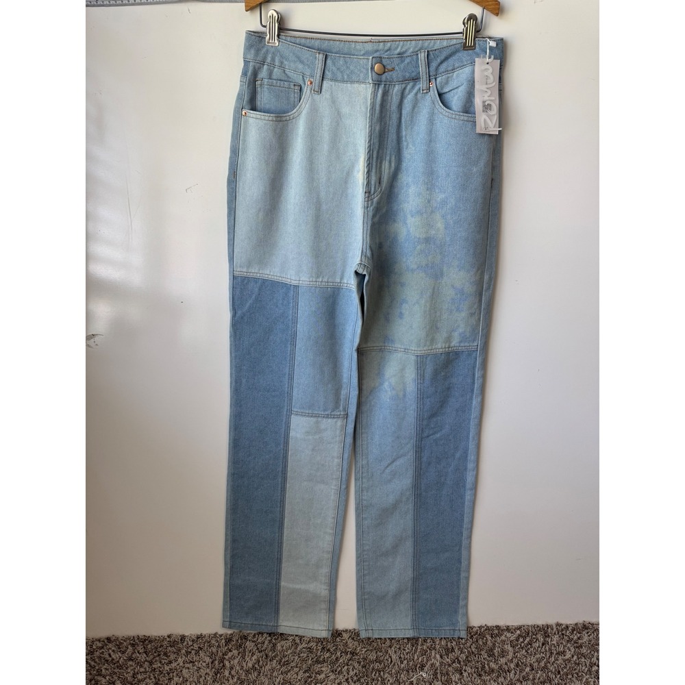 ROMWE Women's Straight Leg Patchwork Jeans - Light Blue